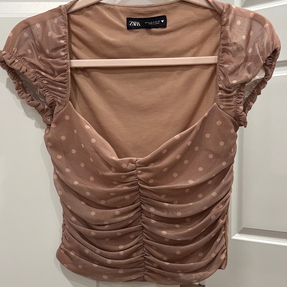 Zara Women's Pale Pink Polka Dot Ruched Blouse
